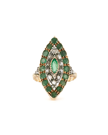 Inel vintage marchiza din aur de 18k cu smaralde si diamante naturale