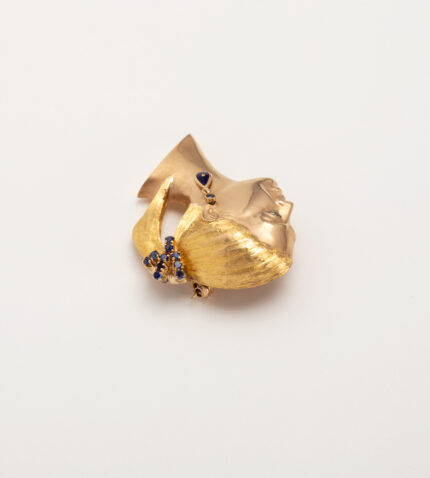 Brosa cap de femeie din aur galben de 18k cu diamant si safire