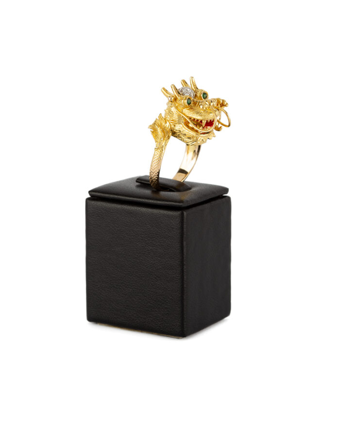 Inel cu dragon din aur de 14k cu smaralde si diamante naturale