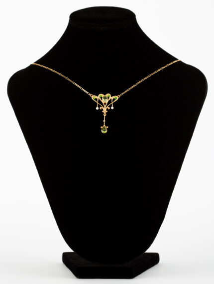 Colier autentic Art Nouveau din aur de 18k cu perle, peridot si email