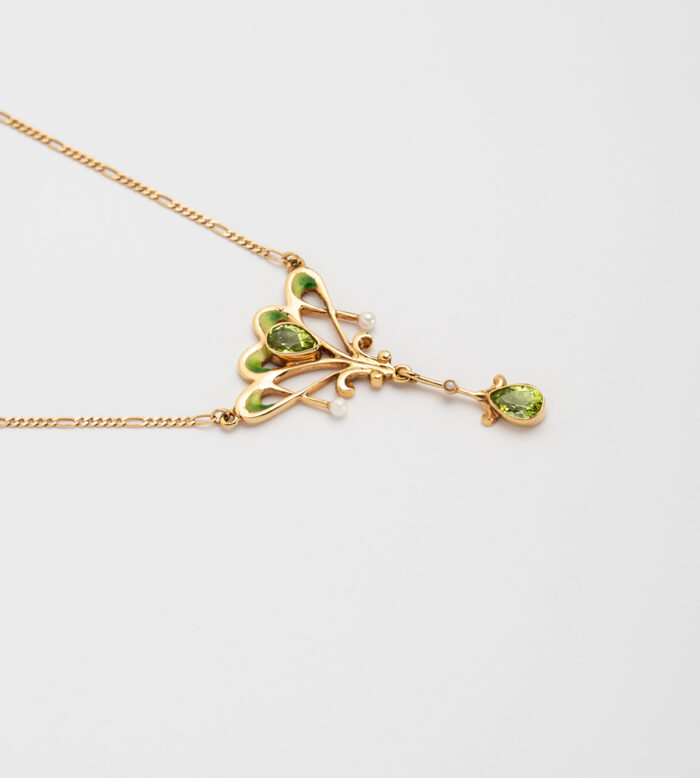 Colier autentic Art Nouveau din aur de 18k cu perle, peridot si email