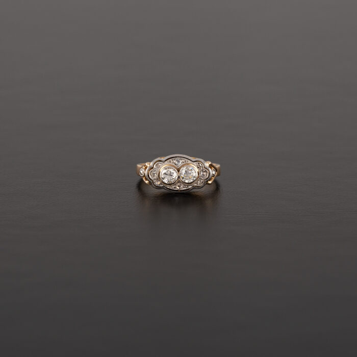 Inel autentic Art Deco din aur de 14k si platia cu diamante naturale