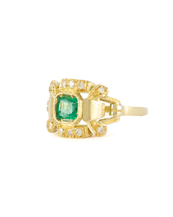 Inel vintage din aur de 18k cu smarald si diamante naturale, inel aur galben, inele din aur dama, inel piatra verde